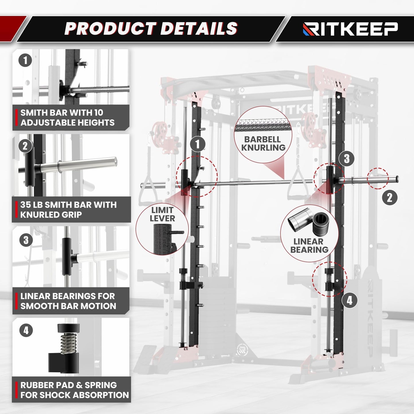 RitKeep PMAX-5600 Heavy-Duty Smith Machine Squat Rack with 320 LB Weight Stacks, 6-in-1 Multi-Function Home Gym System, Dual Cable Crossover and 2000 LB Capacity for Full-Body Strength Training