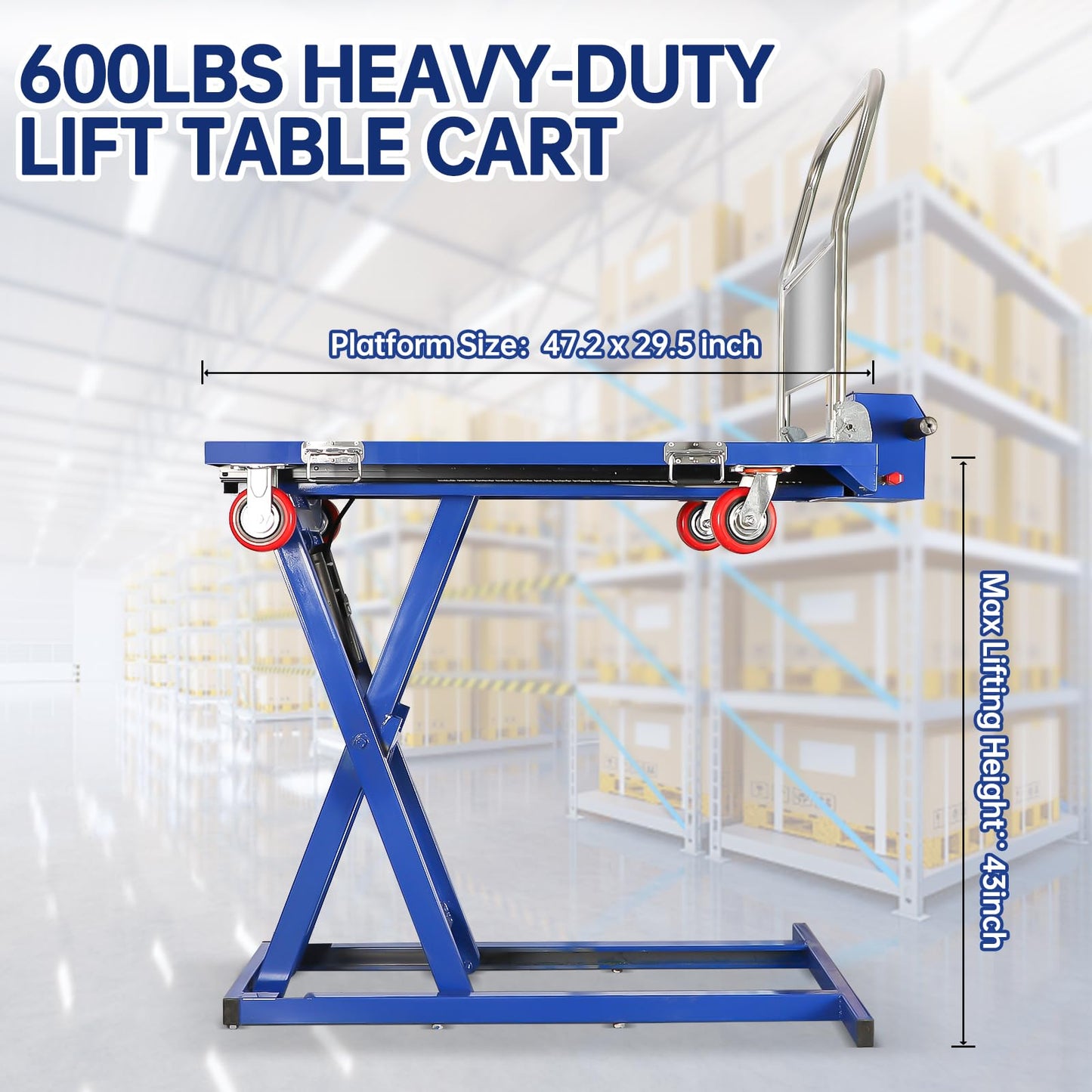 RXFSP Electric Lifting Platform Truck, Material Lift Pallet Truck, 600lbs Capacity 43" Lifting Height Lift Table Cart, Scissor Cart for Material Handling, Effortlessly Enter and Out