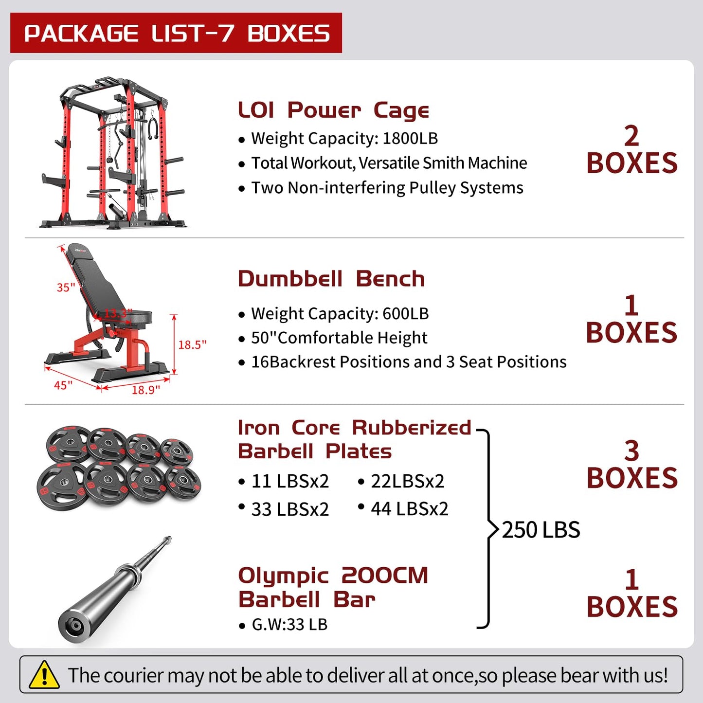 XGSW XINGESIWR Multi-Purpose Squat Rack,Smith Machine Weight Rack Set with Cable Crossover System, Home Gym Power Racks, Power Racks and Packages (L01, Power cage Red+Bench+Cast lron 220LBS)