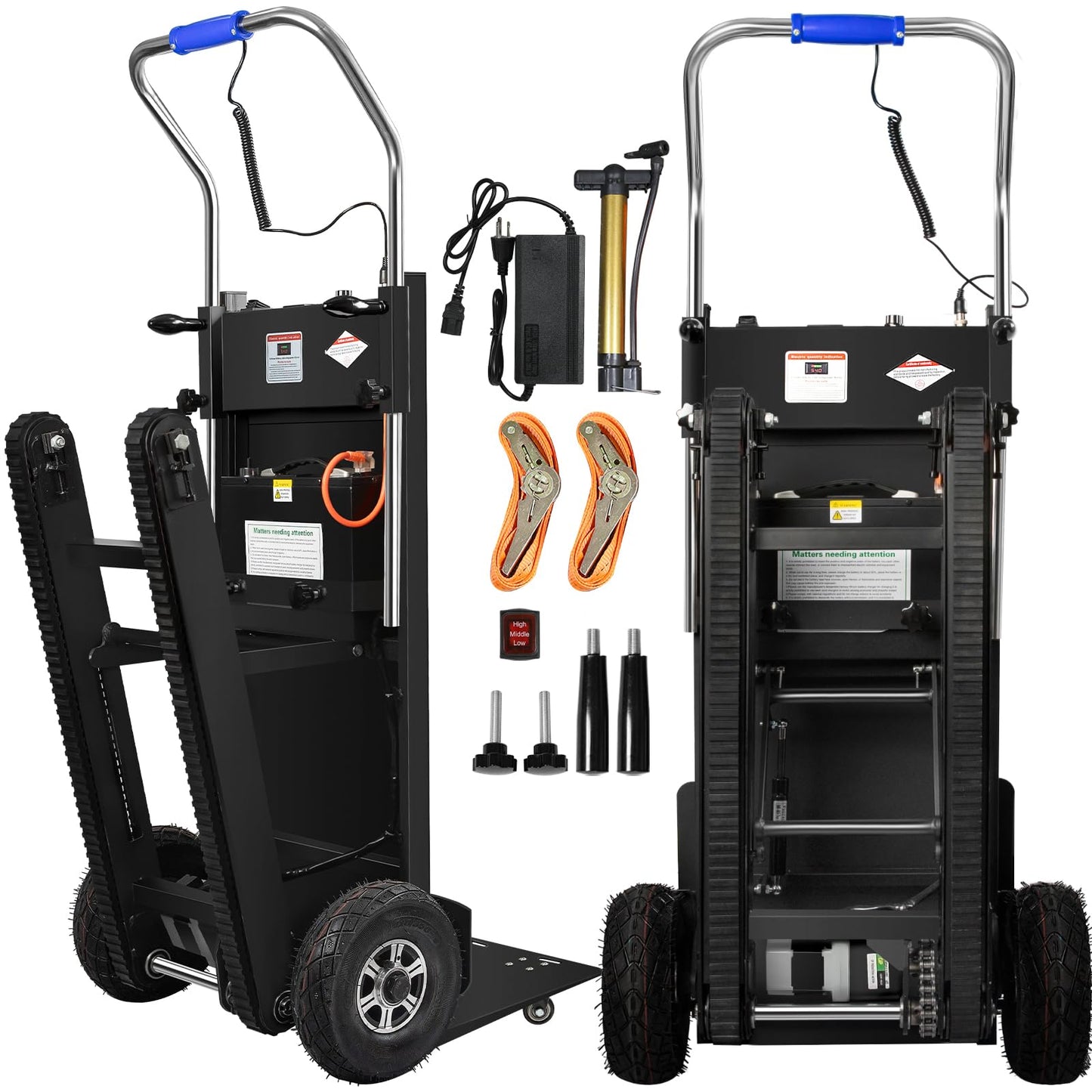 Electric Stair Climbing Dolly, Heavy Duty Stair Climber 900lbs Capacity 1250W Motorized Hand Truck with Ropes & Foldable Design for Moving Furniture Logistics (Black, Big Wheels)
