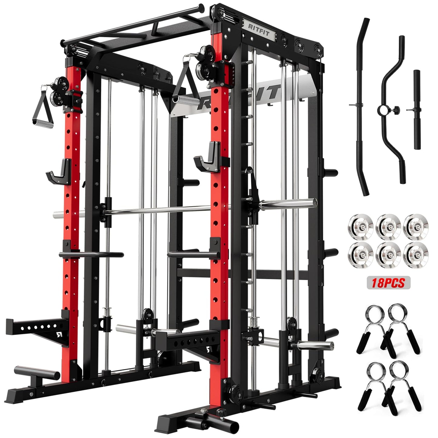 RitFit M2 Smith Machine with with Cable Crossover System, 3D Functional Trainer & Power Cage, 16 Adjustment Holes, 6 Storage Pegs for Full-Body Home Gym(M2 Basic-Red)