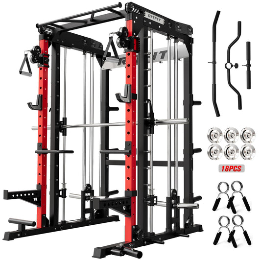 RitFit M2 Smith Machine with with Cable Crossover System, 3D Functional Trainer & Power Cage, 16 Adjustment Holes, 6 Storage Pegs for Full-Body Home Gym(M2 Basic-Red)