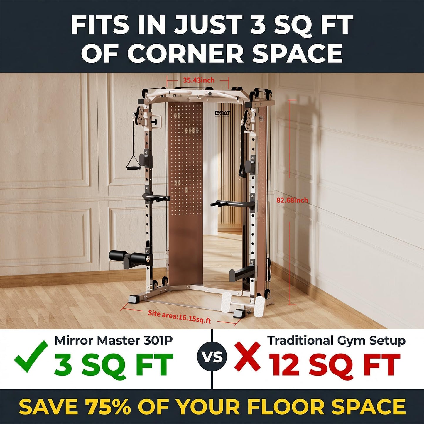 EOAT Smith Machine with Mirror, All in One Corner Master with 132 lbs Weight Stack, 17 Adjustable Settings, Space-Saving Corner Design, Squat Rack Power Cage with Cable Crossover System for Home Gym