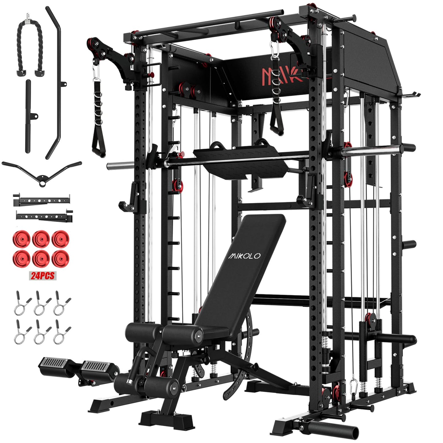 Mikolo Smith Machine, Multi-Function Power Cage with Dual Pulley System, Vertical Leg Press Attachment, Squat Rack Power Rack with More Training Attachment for Home Gym (M7BENCHR)