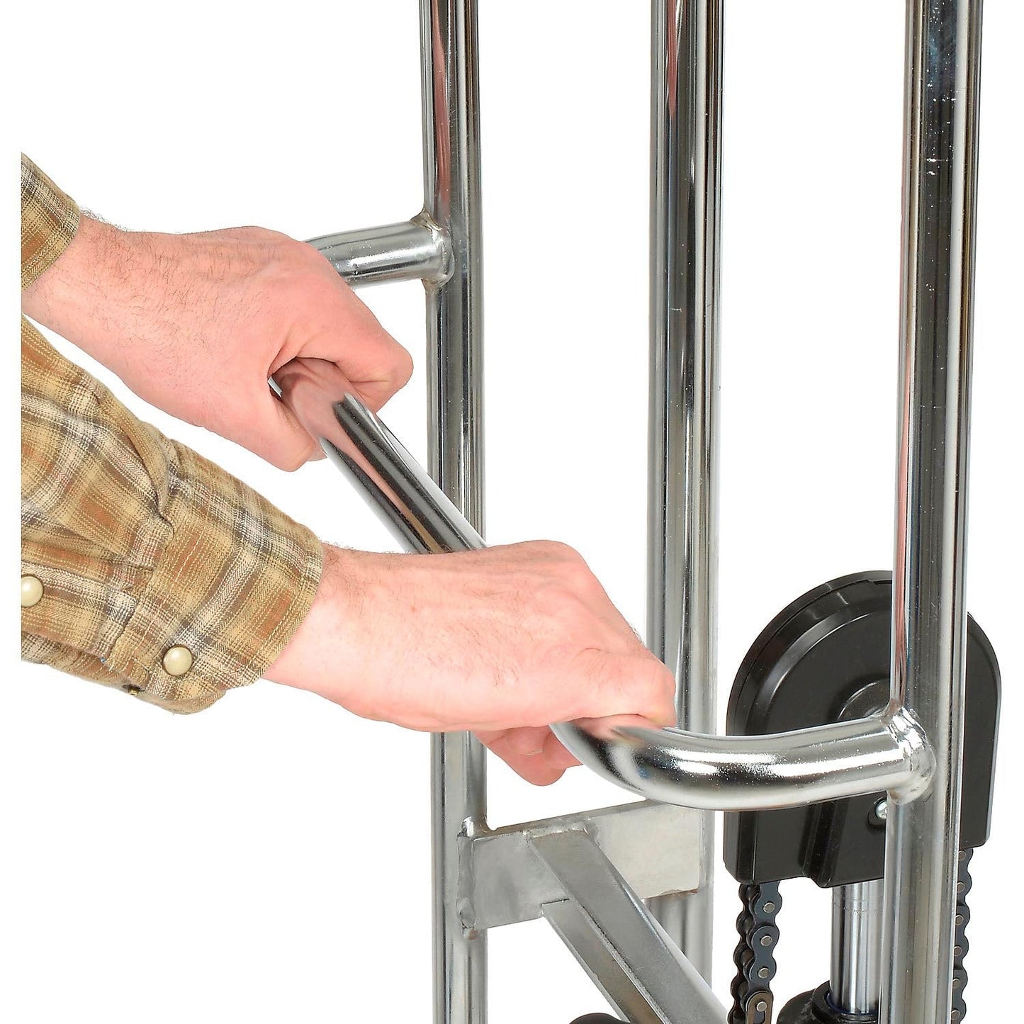 Global Industrial Manual Lift Stacker, 3-1/2" to 59" Lift, Adjustable 8-1/2" to 19-1/2"W Forks, 880 Lb. Capacity, Foot-Operated Hydraulic Pump, Yellow Powder Coat Steel Frame