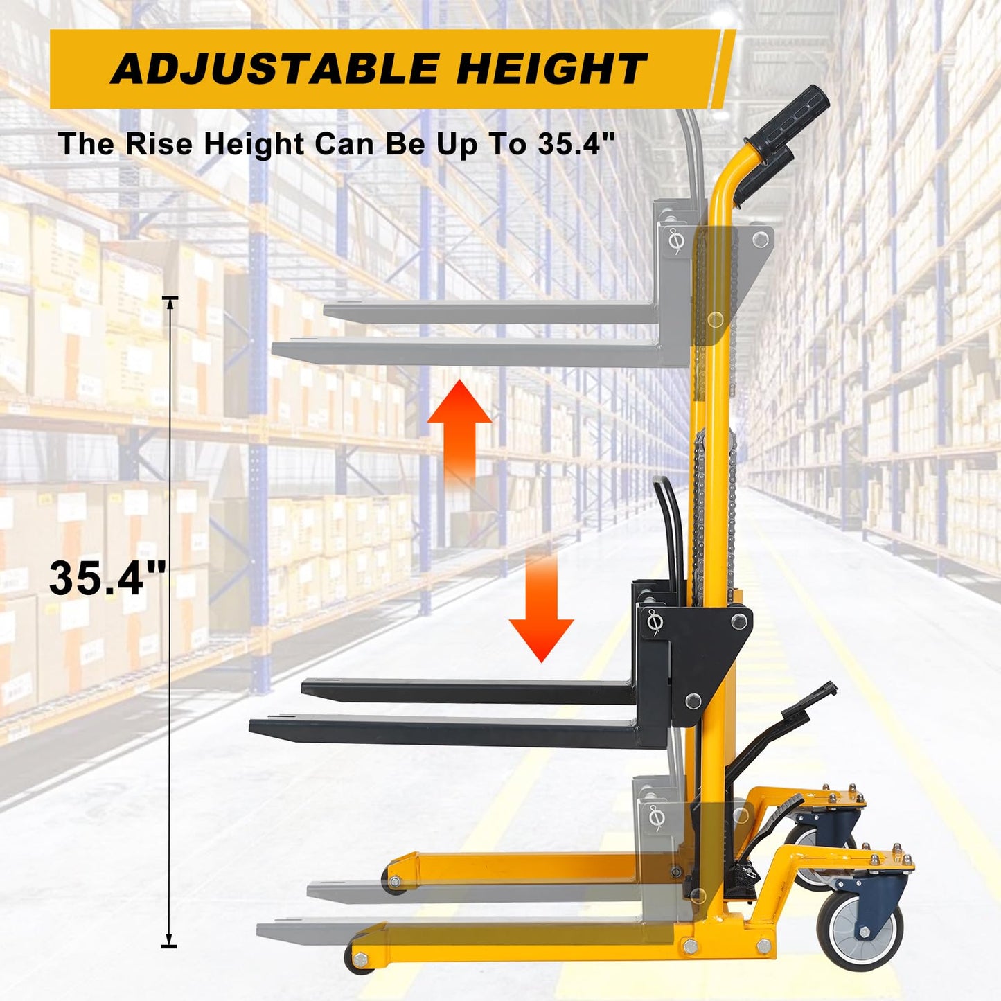Manual Forklift Pallet Stacker, 440 Lbs Capacity Hydraulic Material Lift 35" Lift Height with Adjustable Forks and Swivel Casters Pallet Truck Dolly Stacker
