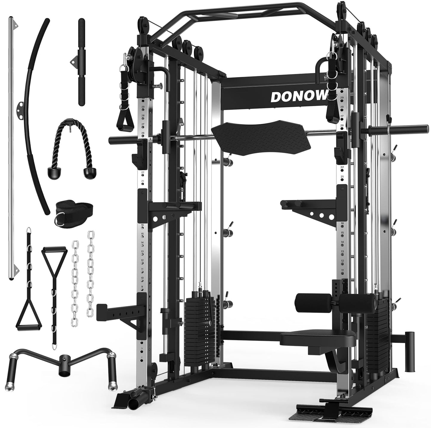 DONOW Smith Machine with Weight Stacks, Heavy Duty Home Gym System Power Cage Cable Crossover Machine Multi-Functional Trainer Ratio 1:1 (AS1 Steel Stacks with Leg Press)