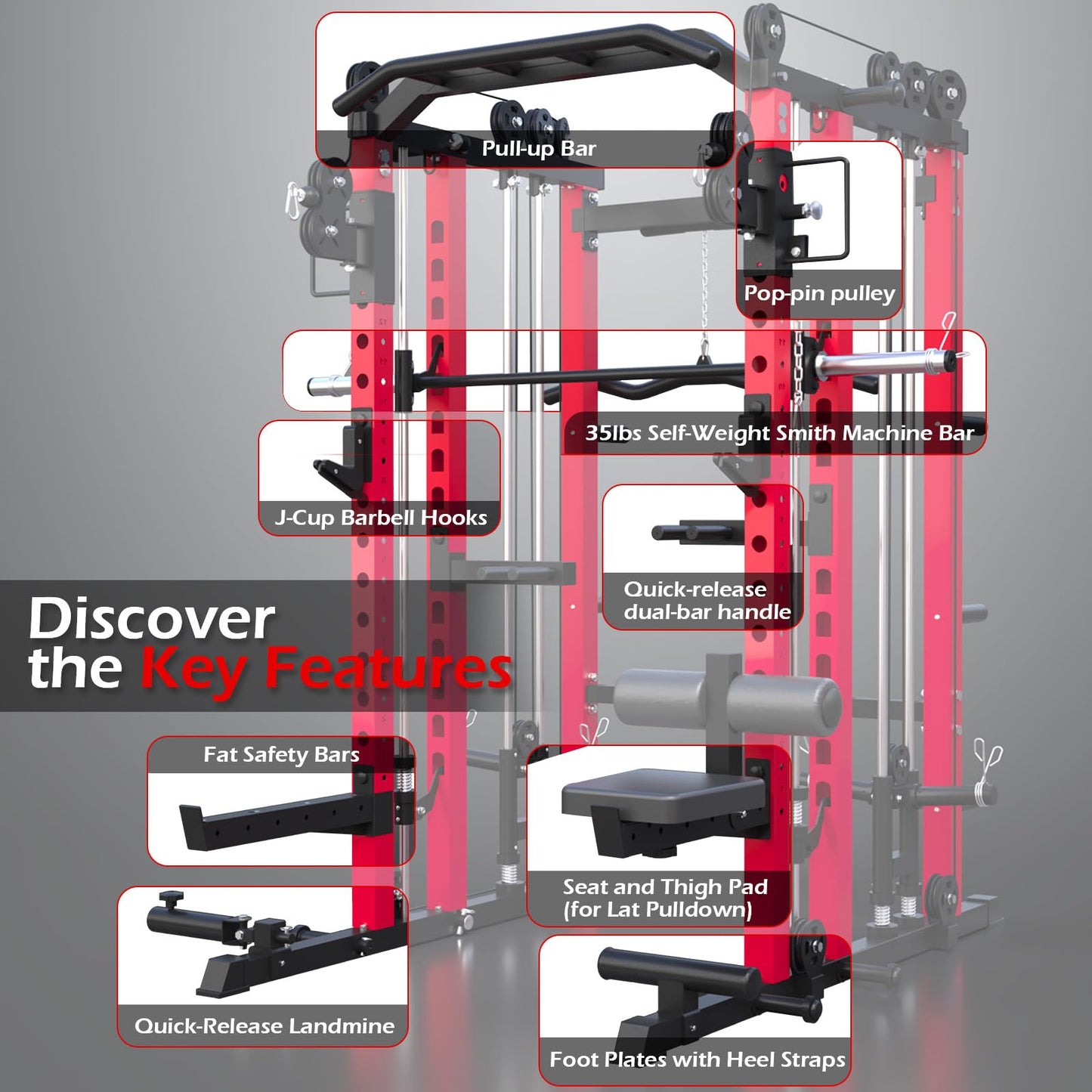 Smith Machine Home Gym with LAT Pulldown, Power Squat Rack Cage 2000lbs All in One Dual Cable Crossover Machine, Strength Training Power Cages with Pulley Workout System, Garage Bench Press