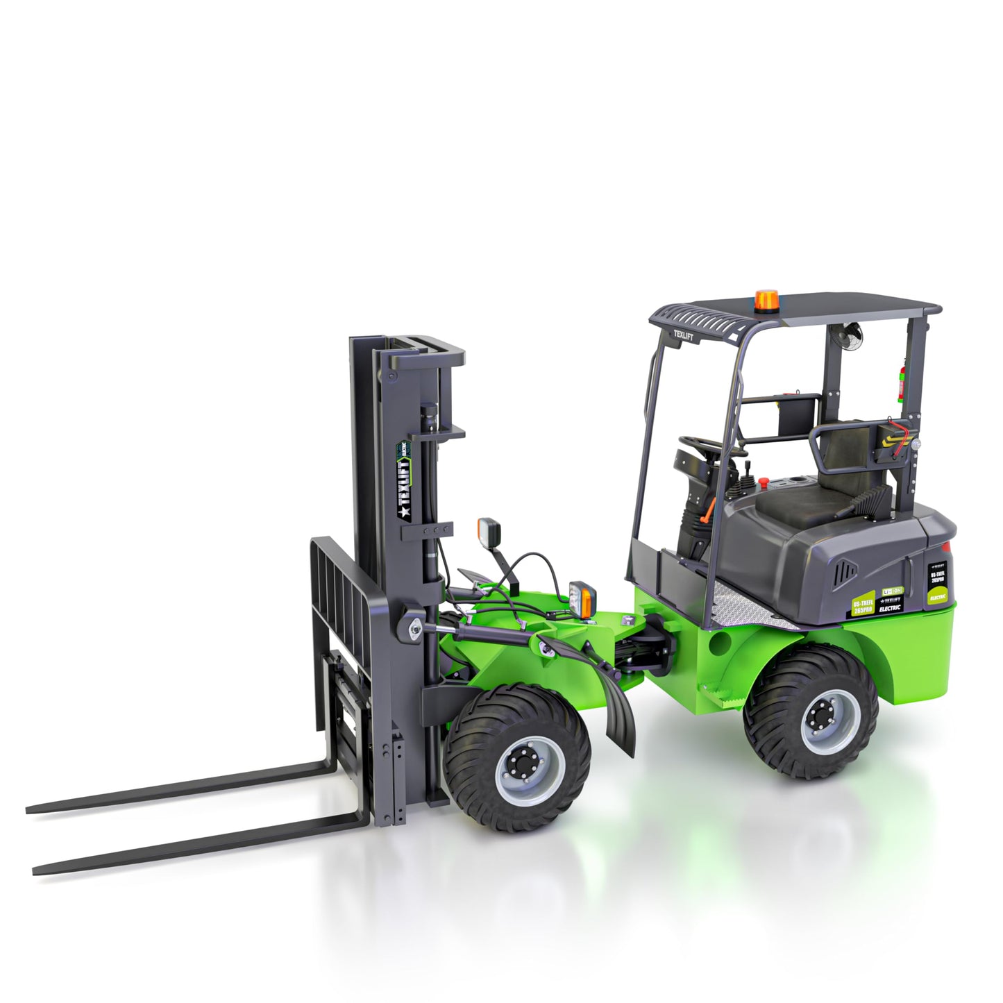 All-Terrain Off-Road Electric Forklift Pallet Stacker - 2650 Lb Capacity, Lithium Battery Powered Lift Truck, 120″ Lift Height, 36″ Forks - Yard, Job Site & Warehouse Use (US-TXEFL265PRO)