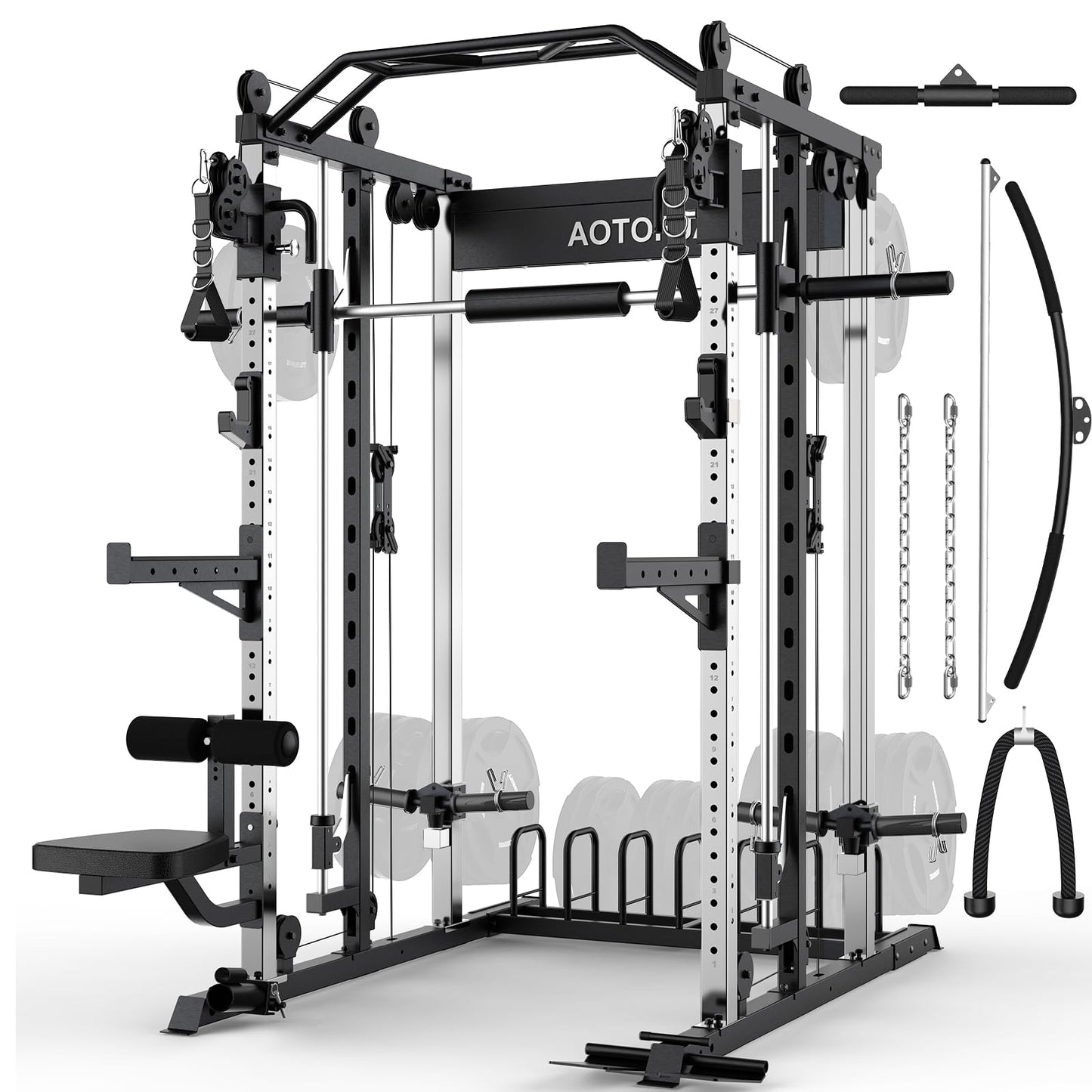 AOTORJAY Smith Machine Home Gym Strength Training Squat Rack Height Adjustable Power Cage with LAT Pull-Down Systems (Smith Machine)