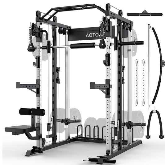 AOTORJAY Smith Machine Home Gym Strength Training Squat Rack Height Adjustable Power Cage with LAT Pull-Down Systems (Smith Machine)