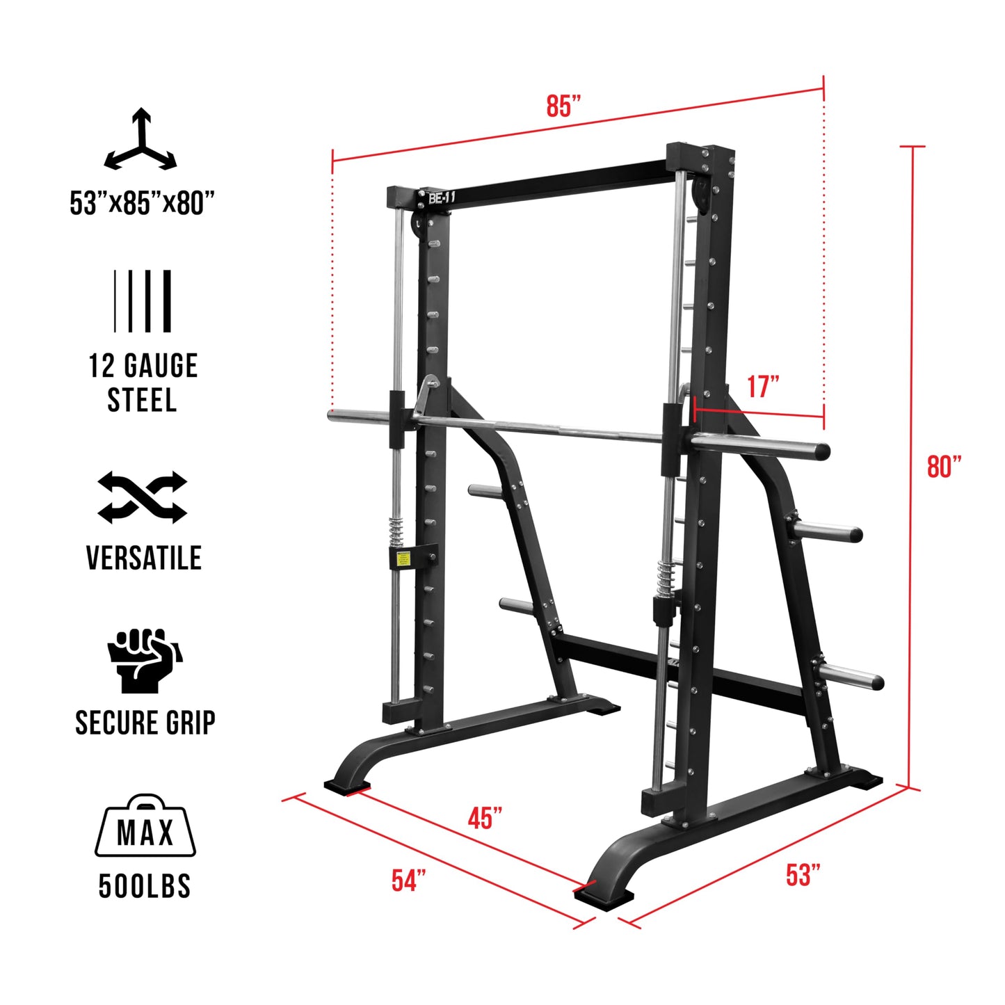 Valor Fitness Smith Machine Squat Rack Cage - Home Gym Equipment - 2" Plate Storage - Attached Sliding Knurled Barbell - Max Weight 500 Lb