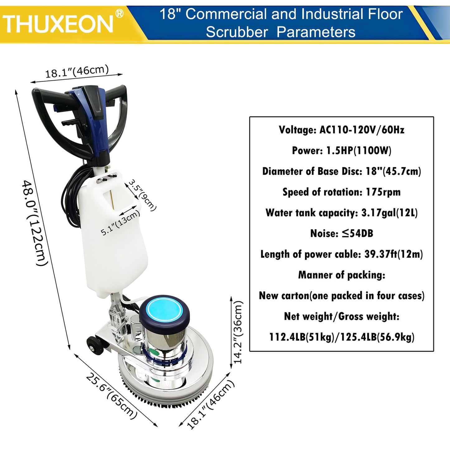 THUXEON 18" Commercial Floor Scrubber Buffer, Heavy Duty Polisher Machine- 1100W Motor, 12L Tank for Hotel Carpet/Tile Cleaning, Butterfly Handle, Low Noise 110V