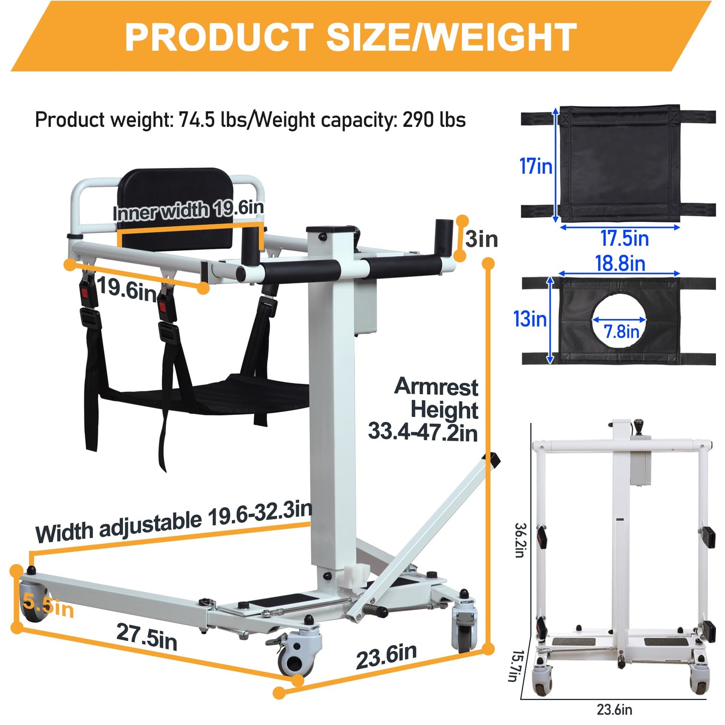 Upgrade Electric Patient Lift Transfer Chair, Foldable Transfer Lift Chair, Adjustable Height & Base Width, Portable Lift Assist for Elderly, Bed to Wheelchair/Sofa/Toilet/Car Transfers