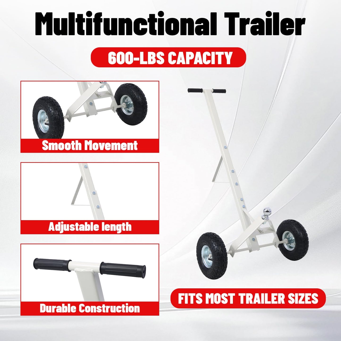600 LB Load Capacity Trailer Dolly, Heavy Duty 2-Wheel Hand Trailer Mover with 1-7/8" Hitch Ball, Dual 10” Pneumatic Tires for RV, Boat & Utility Trailers, Gray