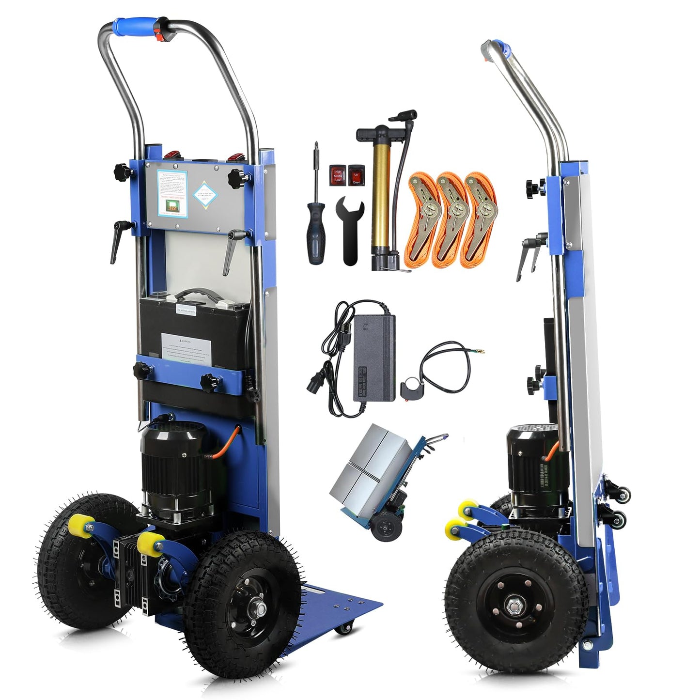 Electric Stair Climbing Dolly, Heavy Duty Stair Climber 900lbs Capacity 1250W Motorized Hand Truck with Ropes & Foldable Design for Moving Furniture Logistics (Blue, Tyre)