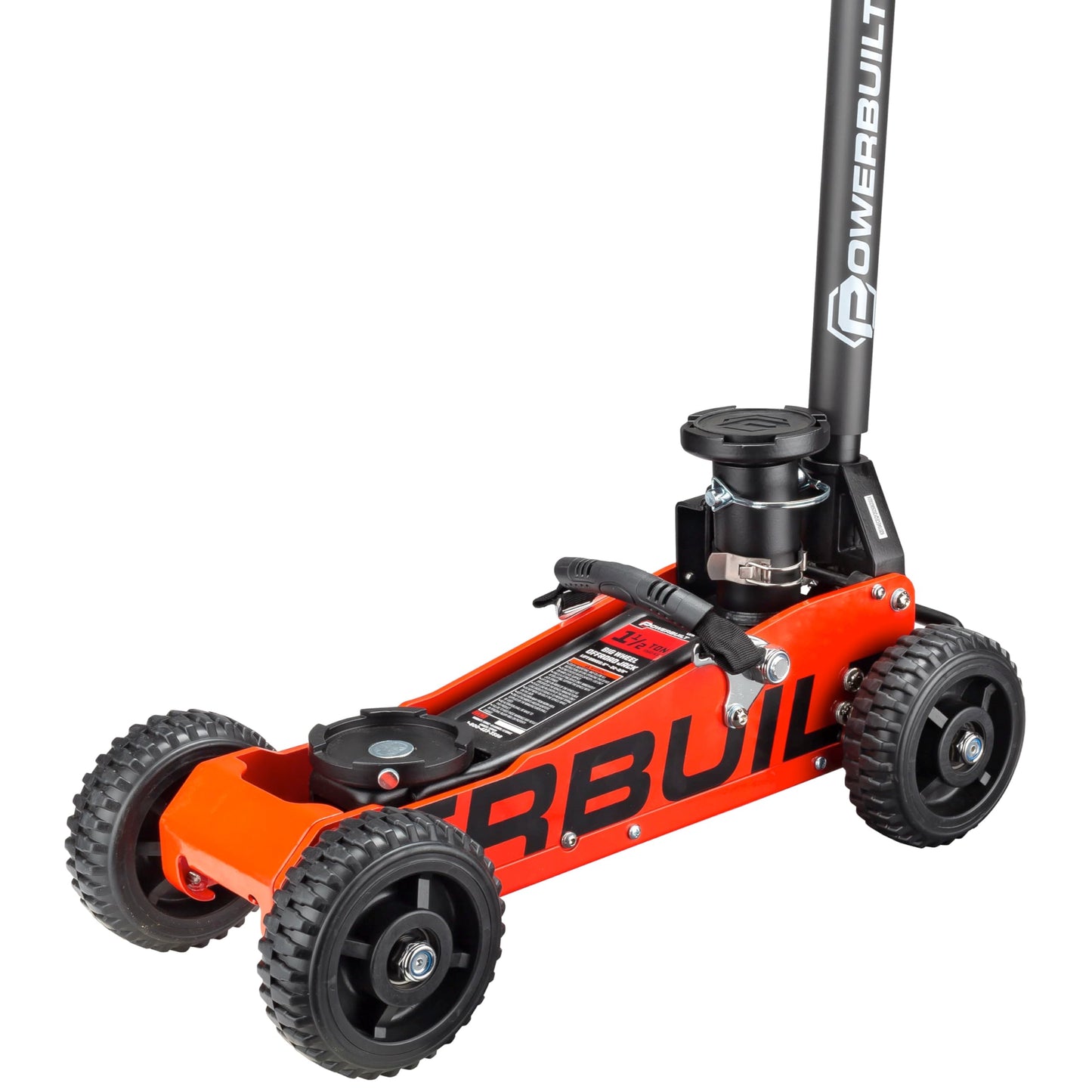 Powerbuilt 1.5 Ton Big Wheel Off Road Jack, Vehicle Lift for Trucks, SUVs, ATVs Offroad Vehicles, Oversized Wheels for Rugged Terrain, 3000 LB Capacity, Orange 620704ECE