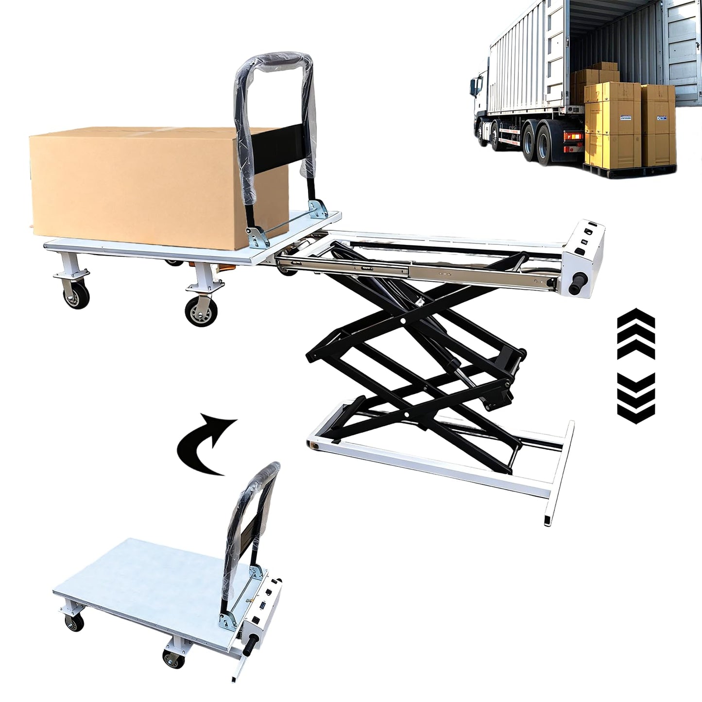 Electric Hydraulic Lift Trolley - 48V 661 LBS Capacity Folding Platform Truck for Loading/Transporting Goods onto Trucks & Warehouses (Lift Height 53 in)