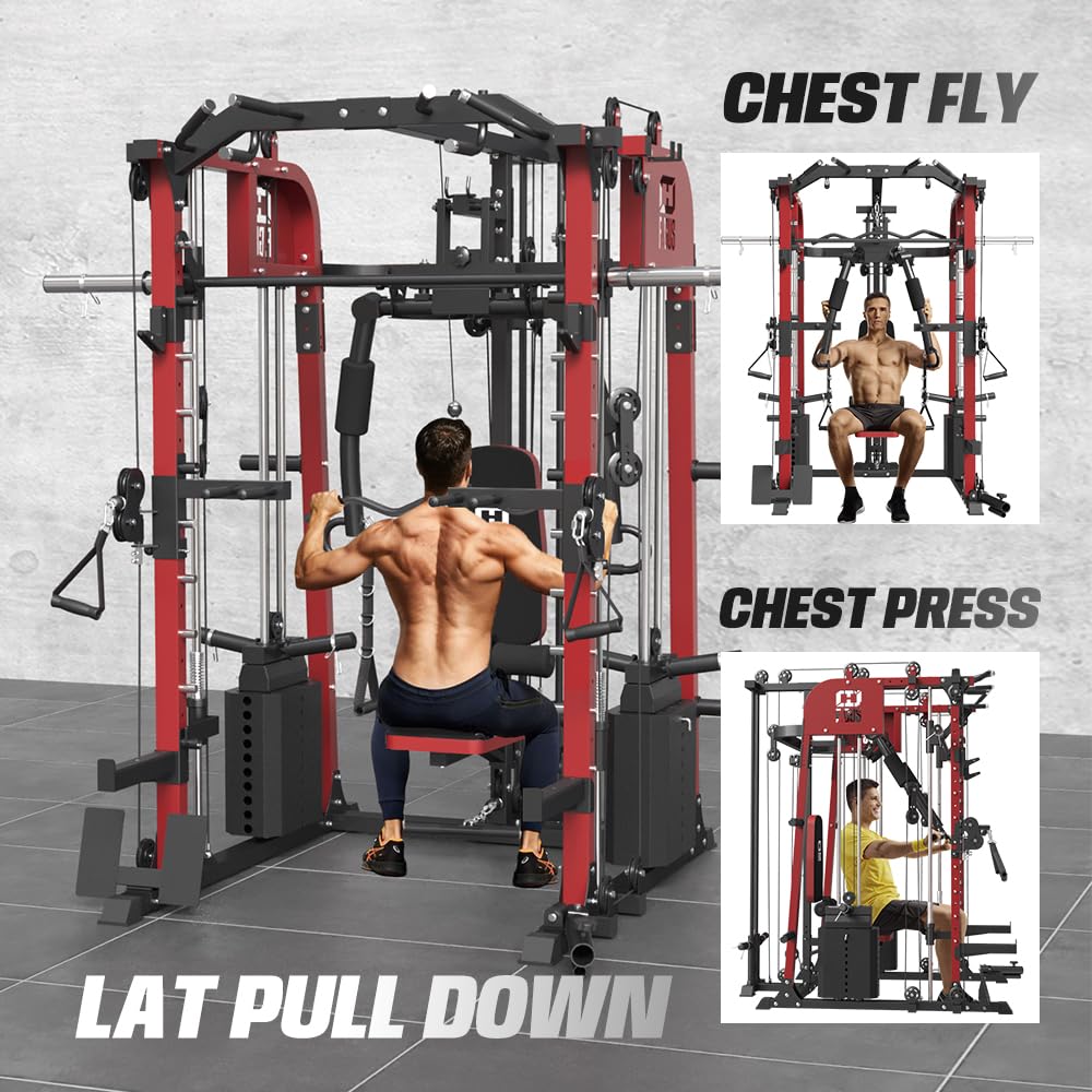 smithmachine with smithbar, Home Gym Station with Dual Weight Stacks, 4000LBS Power Cage Squat Rack with Lever Arm, Leg Press, LAT Pull Down, Cable Crossover Machine for Full Body Training, Red