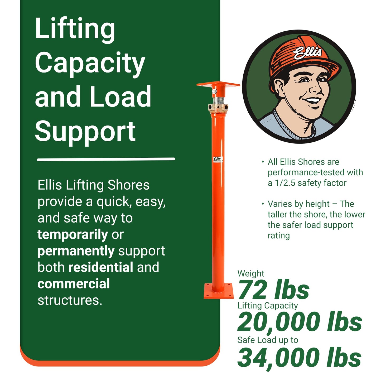 ELLIS Heavy-Duty Adjustable Steel Shore – Permanent or Temporary Floor Support for Beams, Concrete, and Structural Repairs – 34,000 lb Safe Load Capacity – 55"-80" Adjustment