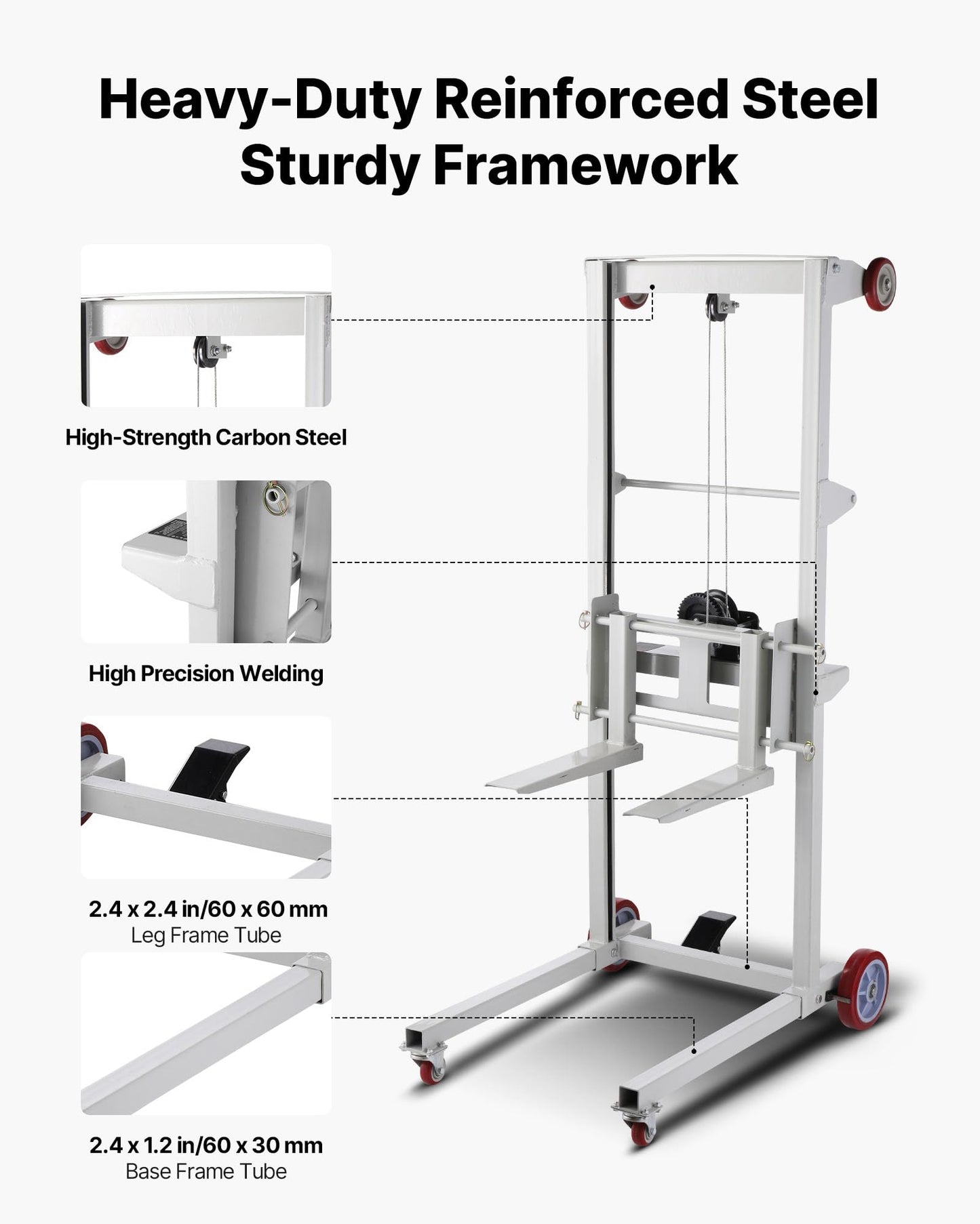 VEVOR Material Lift Winch Stacker, 551 lbs Capacity, Heavy Duty Pallet Truck Dolly with Adjustable Forks & 6-Wheel System, 70 inch Max Lifting Height, Industrial Manual Pallet Truck Dolly