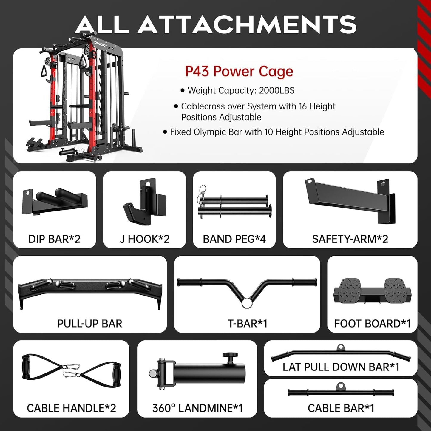 pooboo Multi-Functional Machine Power Cage, 2000LB Squat Rack, LAT-Pull Down System, Dual Pulley Cable Crossover System, Home Gym Workout Machine with Strength Training Attachments (P43 01)