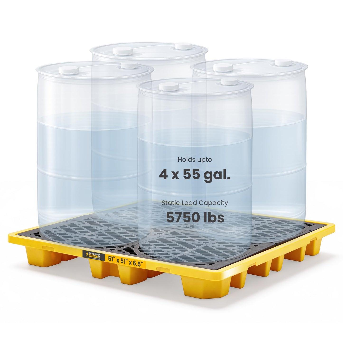 Spill Ready 4 Drum Spill Containment Pallet - 52" x 52" x 7" - 28 Gallon Sump, HDPE Low-Profile Drum Spill Deck with Drain and Forklift Pockets, Yellow | Holds 4 x 55 gal. Drums - Containment Tray
