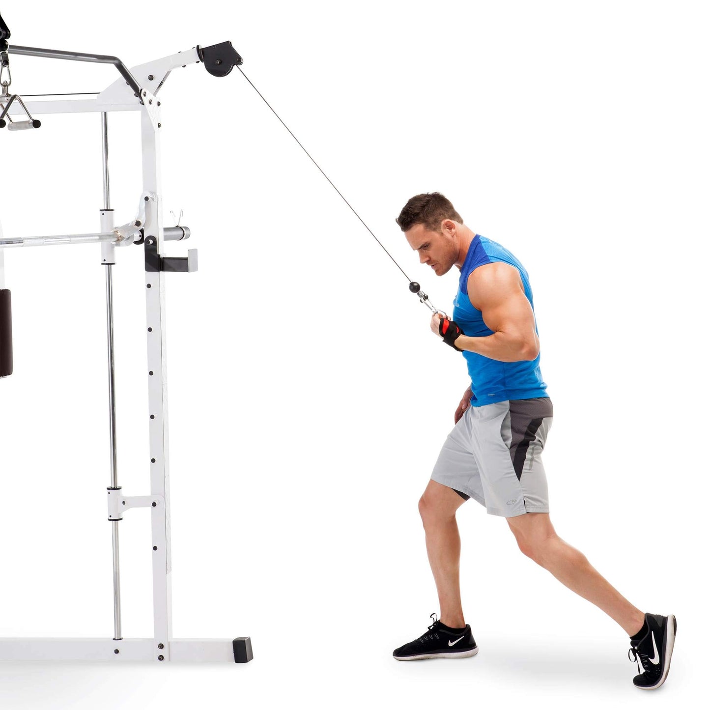 Marcy Combo Smith Cage Machine Full Body Training Home Gym System with Leg Developer, Padded Workout Bench, and Strength Training Weight Bar, White