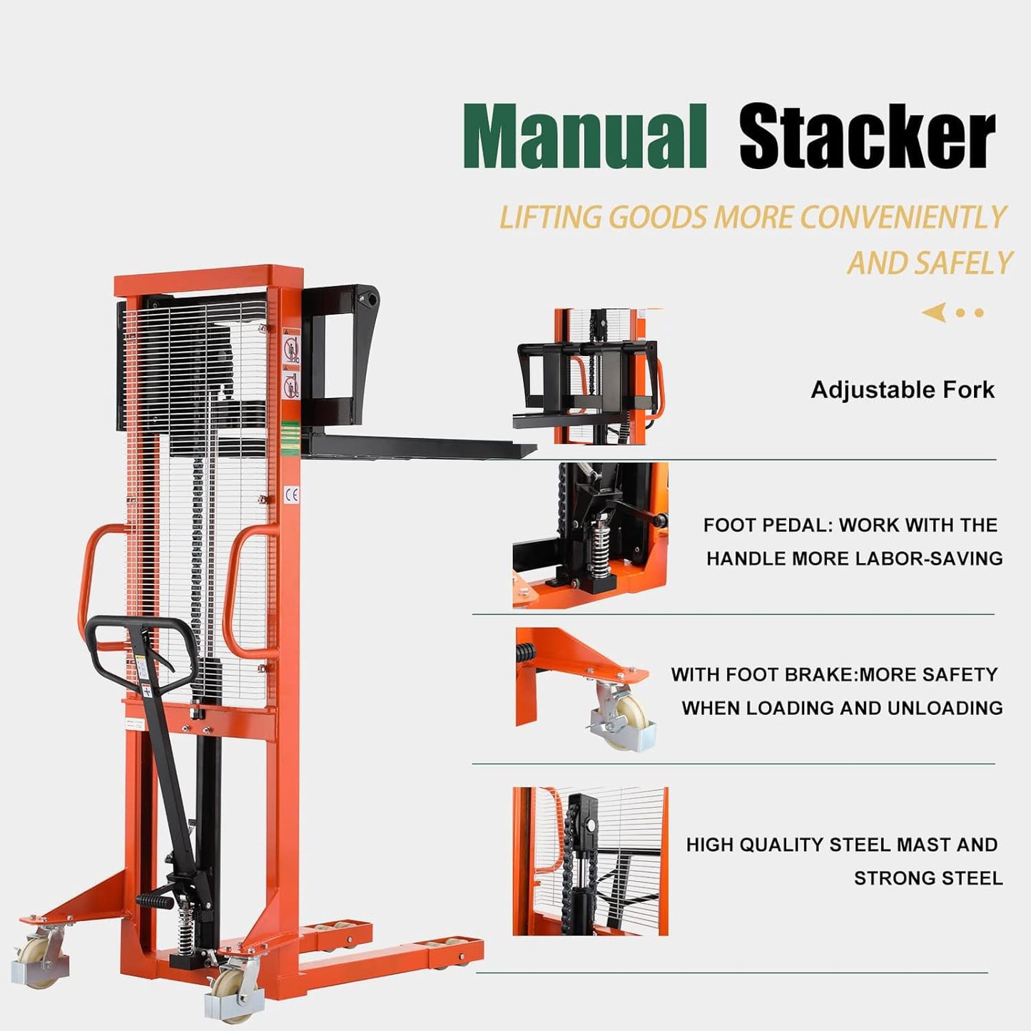 Tory Carrier Pallet Stacker, Material Lift 2200lbs Capacity 63" Lift Height Pallet Lift Truck, Manual Lift Stacker with Adjustable Forks and Fixed Legs for Open Bottom Pallets