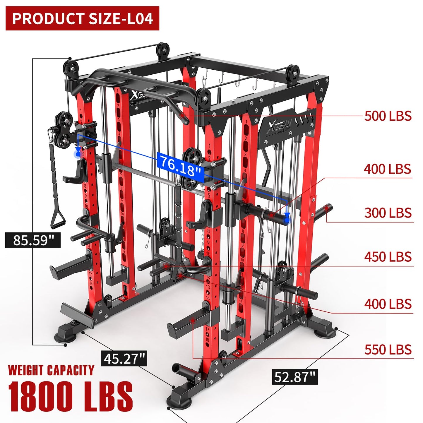 XGSW XINGESIWR Multi-Purpose Squat Rack,Smith Machine Weight Rack Set with Cable Crossover System, Home Gym Power Racks, Power Racks and Packages (L04, Power cage Red)
