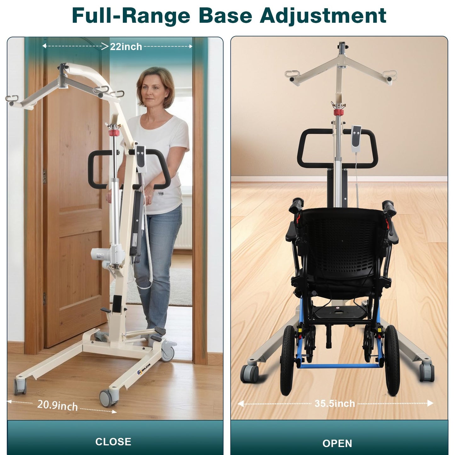 WHLICKS Electric Patient Lift with Divided Leg Sling – 400LBS Heavy Duty Transfer Chair for Elderly, Full-Range Open Base Slides Under Bed/Chair, Fast Folding Homecare Lift with Braked Casters