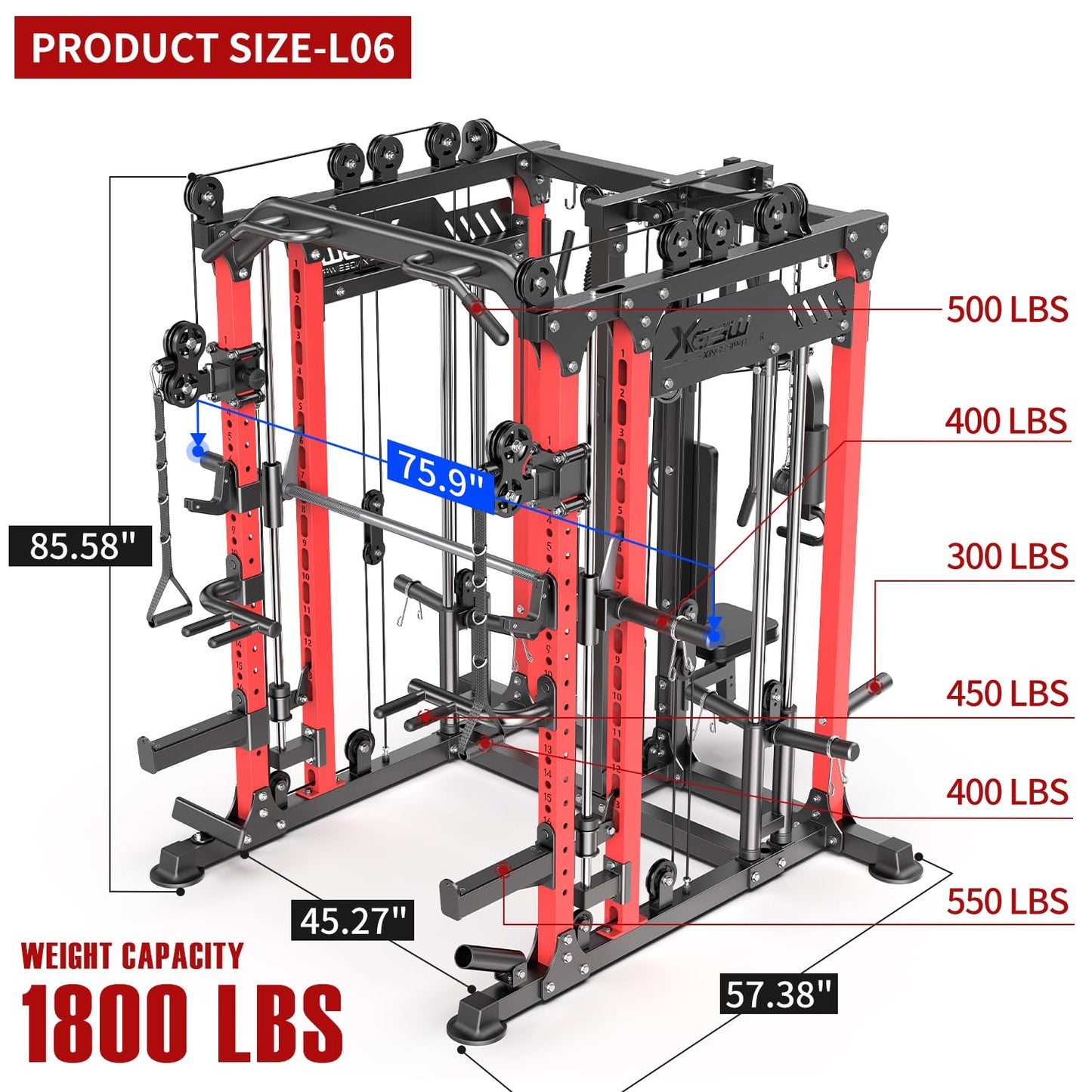 Multi-Purpose Squat Rack,Smith Machine Weight Rack Set with Cable Crossover System, Home Gym Power Racks, Power Racks and Packages (L06 two users, Power cage Red+bench+Cast lron 220LBS)