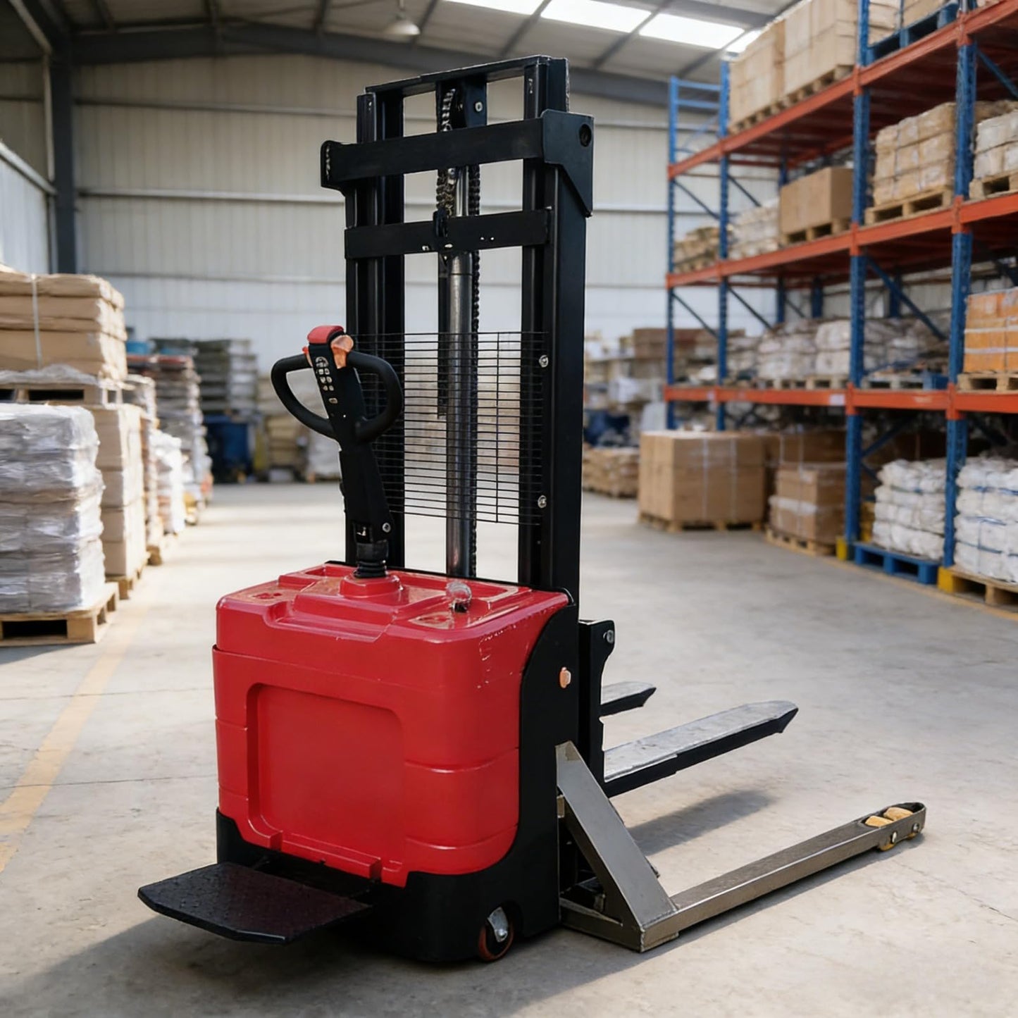 Full Electric Cargo Lifting Stacker 1000kg 1500kg 3000mm Lift Height Straddle Leg Hand Push Stacker for Distribution Center and Pallet Stacking Work