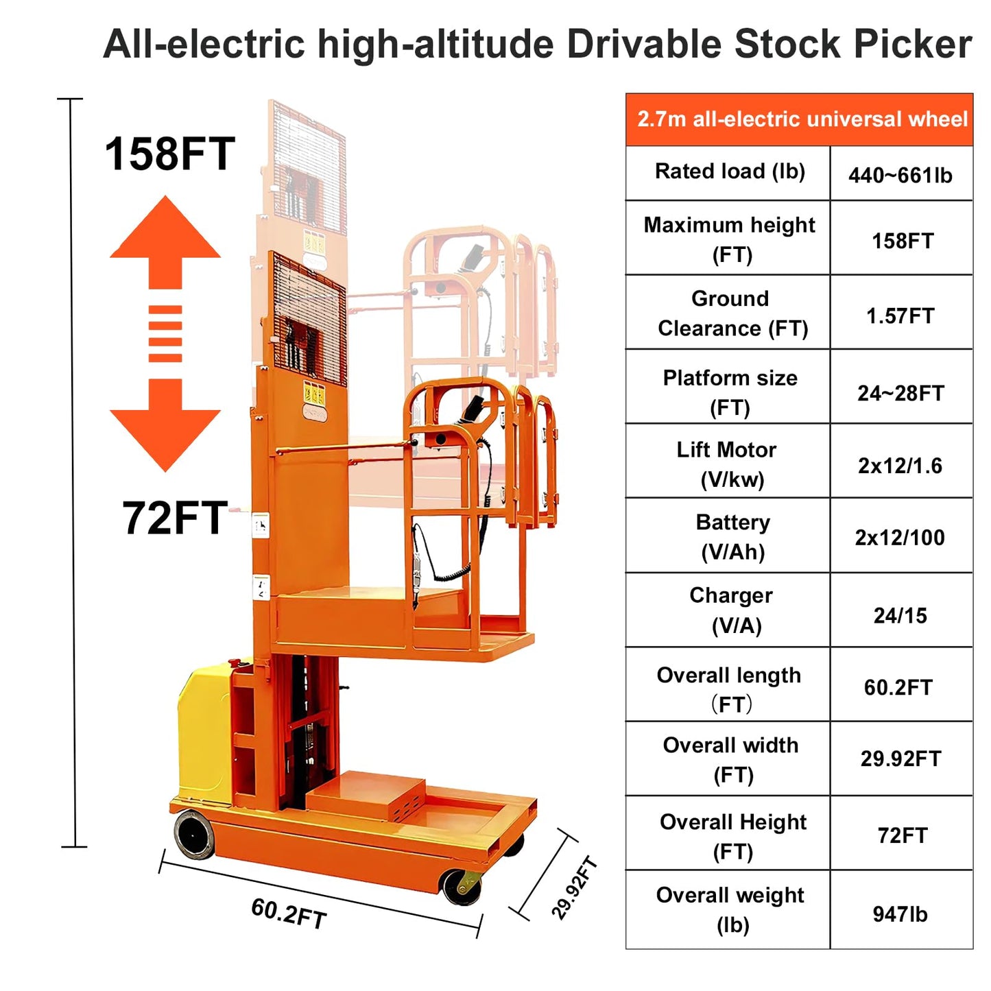 Fully Electric Self-Propelled Order Picker Lift Truck, 661 lbs Capacity, Drivable Stock Picker & Personnel Lift for Narrow Aisle Warehouse, Material Handling & SKU Picking (10.8FT Lifting Height)