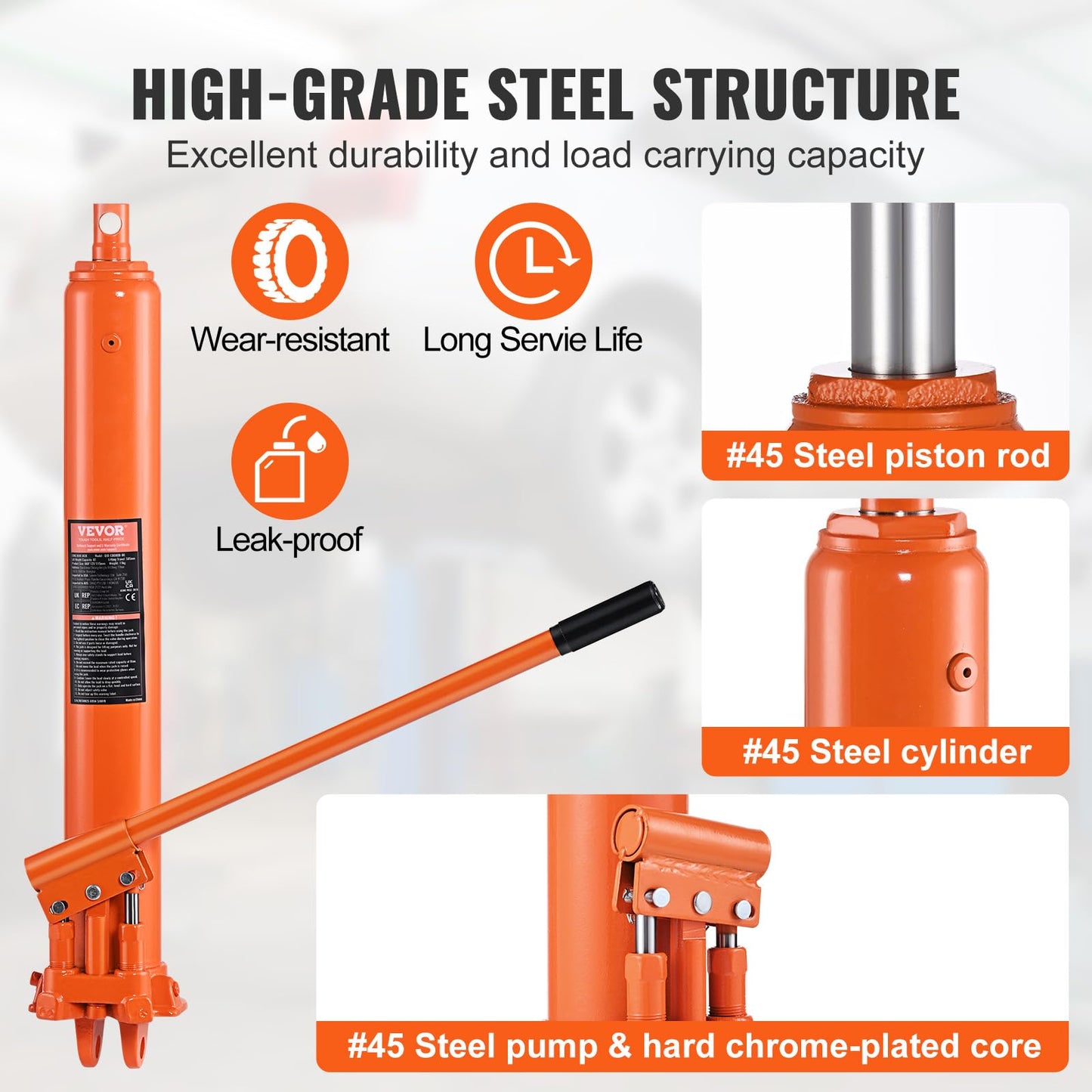 VEVOR Hydraulic Long Ram Jack, 8 Ton Engine Hoist Cylinder with Double Piston Pump and Clevis Base, Hydraulic Ram Cylinder for Engine Lift Hoists, Hydraulic Garage/Shop Cranes, Mechanical, Farm