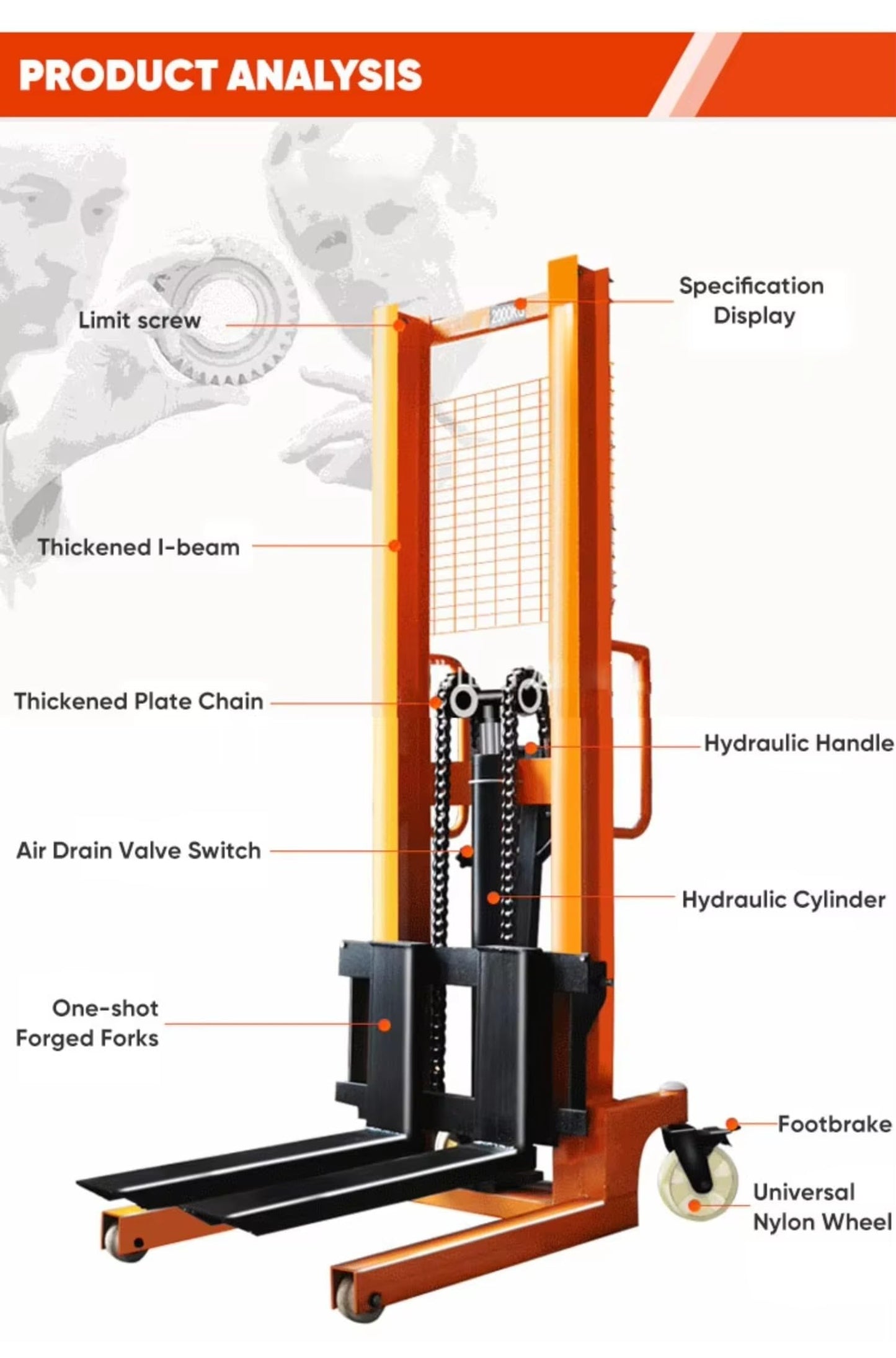 Manual Pallet Stacker, 1-2 Ton Capacity, Hydraulic Hand-Lift Fork Truck with 1.6m Height, for Warehouse Material Handling