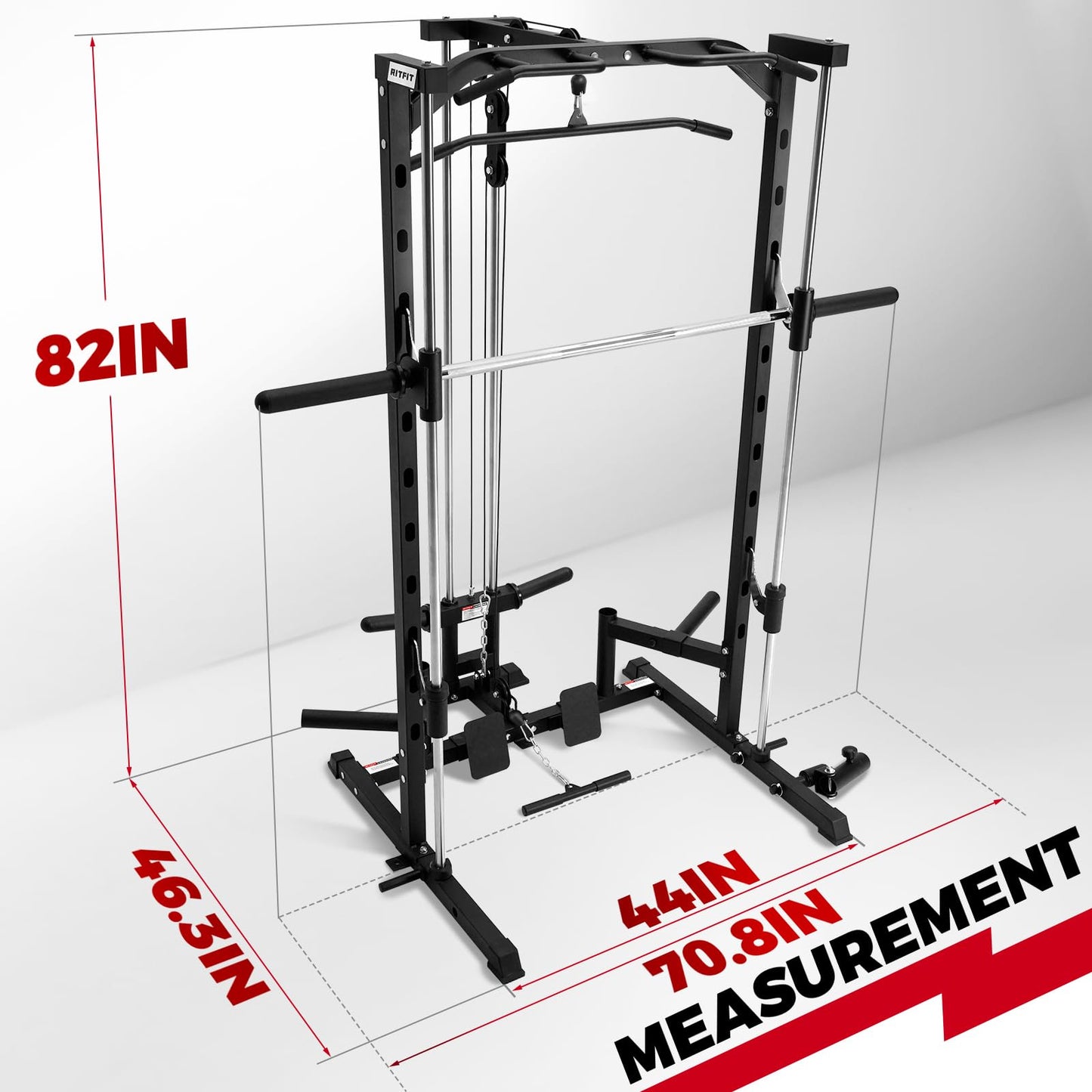 RitFit Smith Machine Power Rack with LAT-Pull Down System, Landmine, Barbell Bar, Plate Storage Pegs and More Training Attachment, 1000 LBS Multifunction Squat Rack for Home Gym