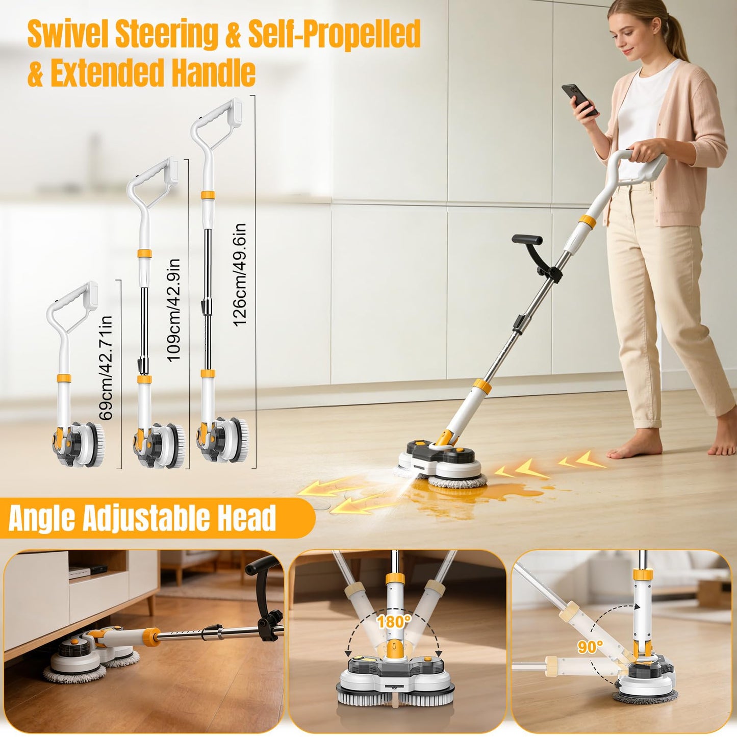 Cordless Electric Mop for Dewalt 20V Battery (NO Battery), 2 in 1 Spin Mop & Electric Floor Scrubber with LED Light & Water Spray, Electric Mops for Floor Cleaning, Hardwood,Tile (White Yellow)