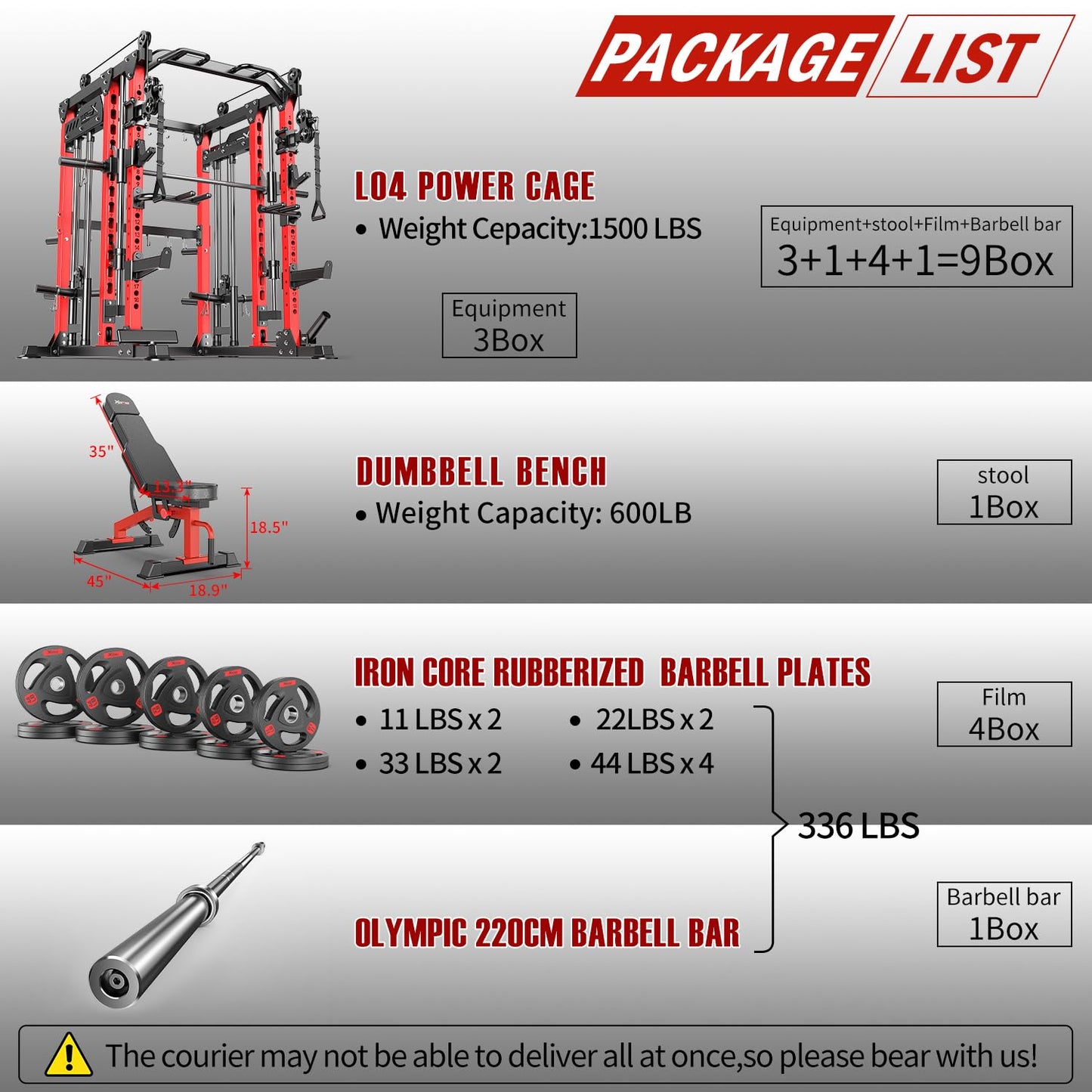 Smith Machine with Cable Crossover System, Multi-Function Power Cage Squat Rack for Home Gym, Power Rack and Packages Weight Sets. (Red, L04-Smith Machine+Bench+(Pole+Cast lron) 336LBS)