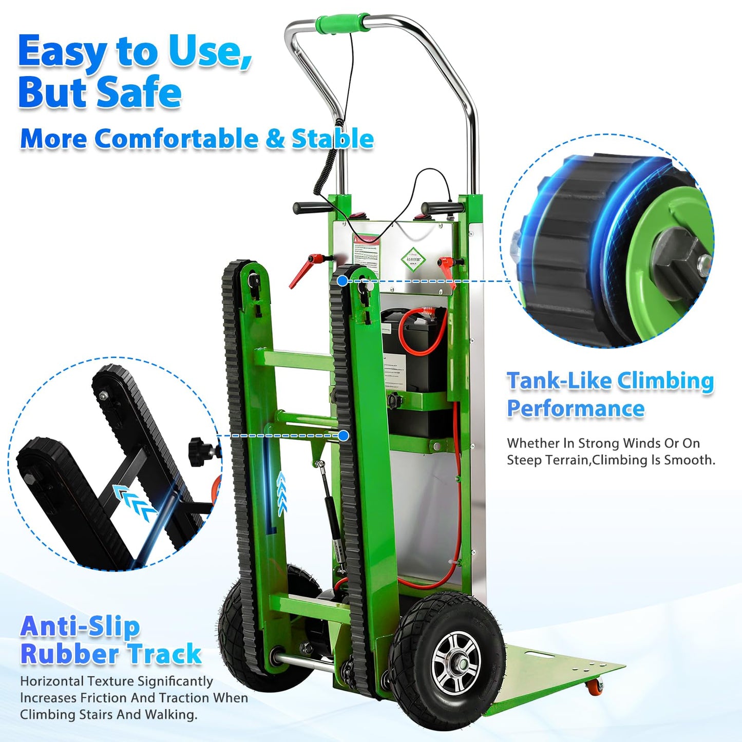 Electric Stair Climbing Dolly, Heavy Duty Stair Climber 900lbs Capacity 1250W Motorized Hand Truck with Ropes & Foldable Design for Moving Furniture Logistics (Green, Big Wheels)