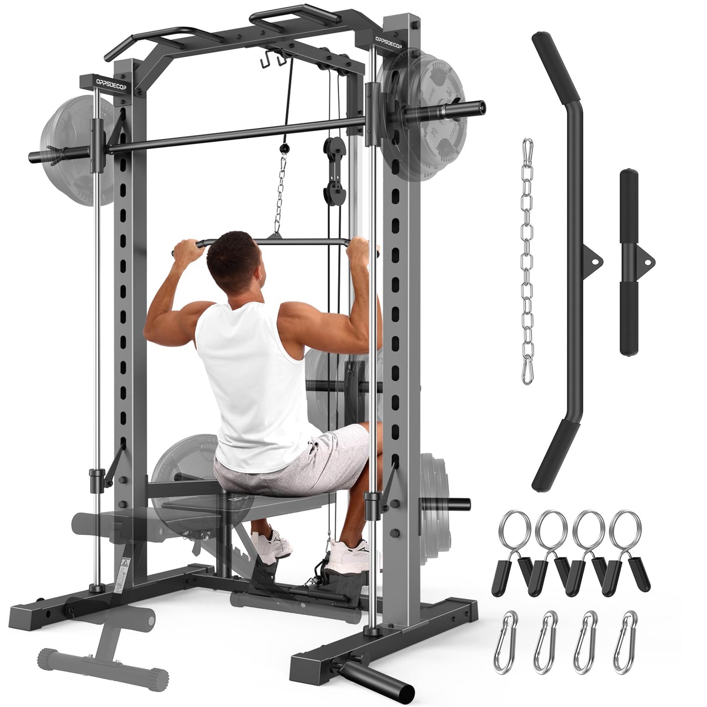 OPPSDECOR All-in-One Smith Machine for Home Gym, 1400LBS Multi-Functional Power Cage Squat Rack with LAT Pulldown System, Cable Machine & Barbell Bar - Strength Training Equipment with Attachments