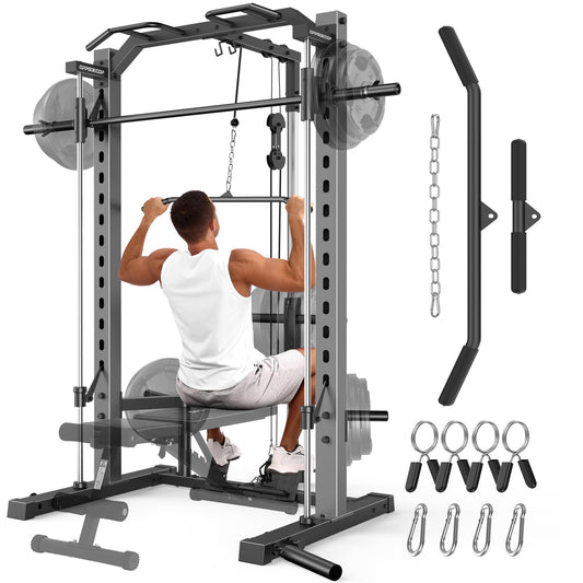 OPPSDECOR All-in-One Smith Machine for Home Gym, 1400LBS Multi-Functional Power Cage Squat Rack with LAT Pulldown System, Cable Machine & Barbell Bar - Strength Training Equipment with Attachments