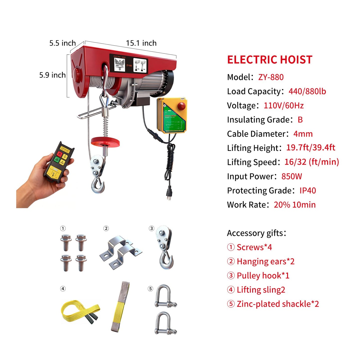 Electric Hoist, 880 lbs Electric Winch with Wireless Remote Control, 110v Electric Hoist with Remote Control, 40ft/20ft Lifting Height Motor, for Garage Warehouse Factory