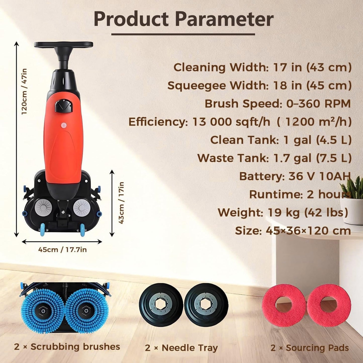 LSHFYV Cordless Electric Floor Scrubber, 17" Commercial Floor Scrubber Machine with Double Brush Disc Battery-Powered Multi-Functional Floor Buffer Machine 360°Rotation, 12916 sqft, 360 RPM Motor Red