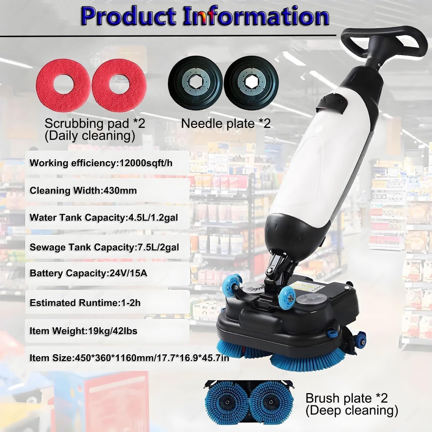 Hrxllb Automatic Floor Scrubber Self-Propelled, 360° Rotation,17 inch Commercial Cordless Machine,2H Run,with 2x250W Brush Motors & Dual Water Tanks(Red)