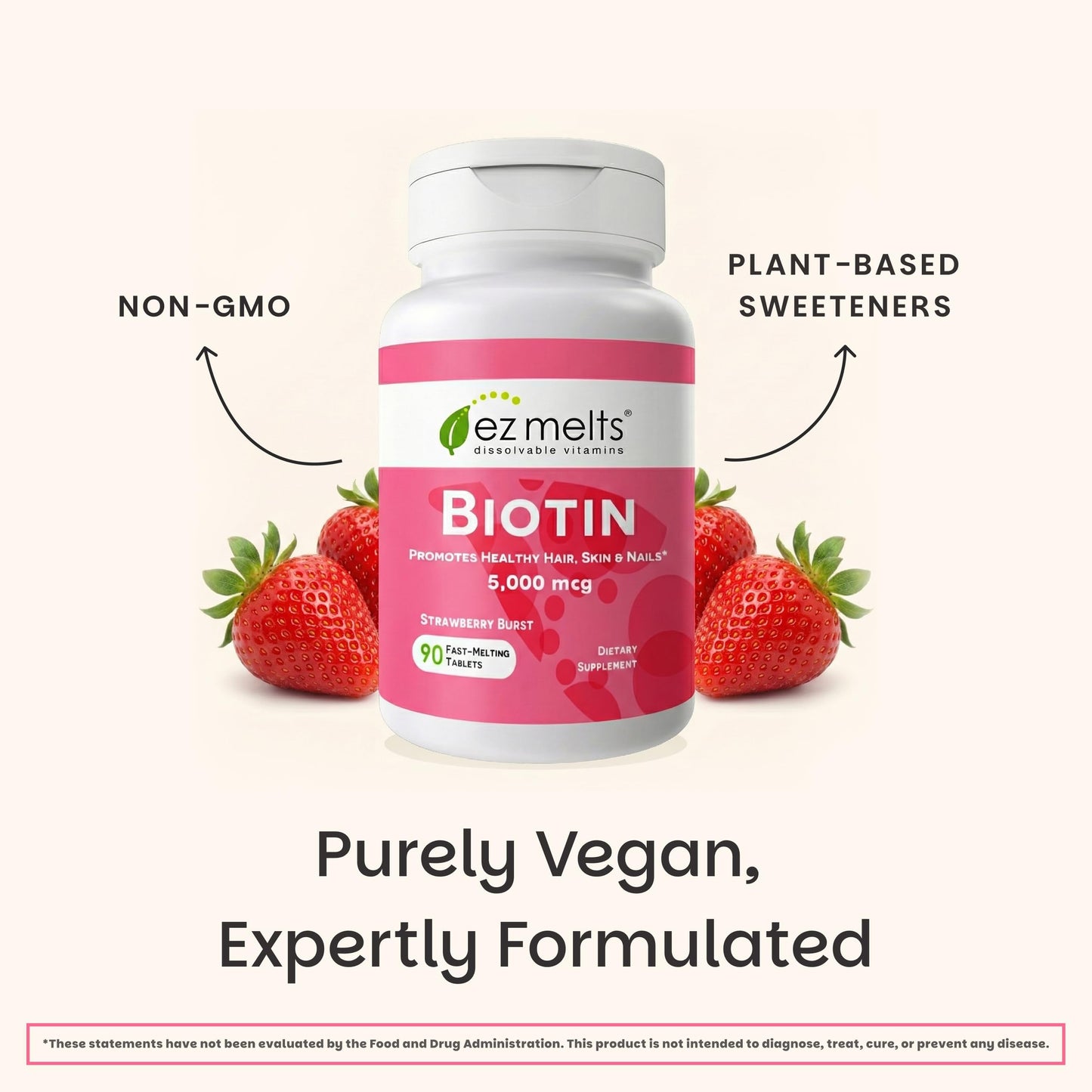 EZ Melts Biotin - Daily Vitamin B7 for Healthy Hair, Skin & Nails - Energy Metabolism Support - No Artificial Flavors - Non-GMO & Vegan - Strawberry Burst - 90 Dissolvable Tablets (90 Servings)