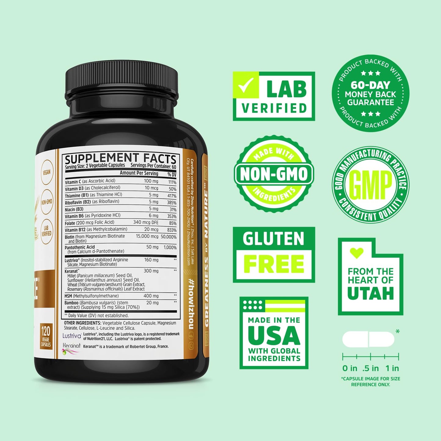 Zhou Hairfluence - Vegan Biotin Supplement for Hair Growth for Men & Women, Supports Stronger, Healthier Hair, Nails, & Glowing Skin with Lustriva & B Vitamin Complex - 120 Veggie Capsules (Pack of 1)