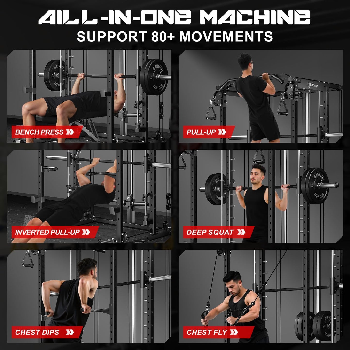 Goimu S1-V4 Smith Machine, 2000LBS Power Cage with Cable Crossover System, All-in-One Squat Rack with Smith Bar, Strength Training Equipment for Hone Gym (Red Smith Machine wiht 220lb Weights)