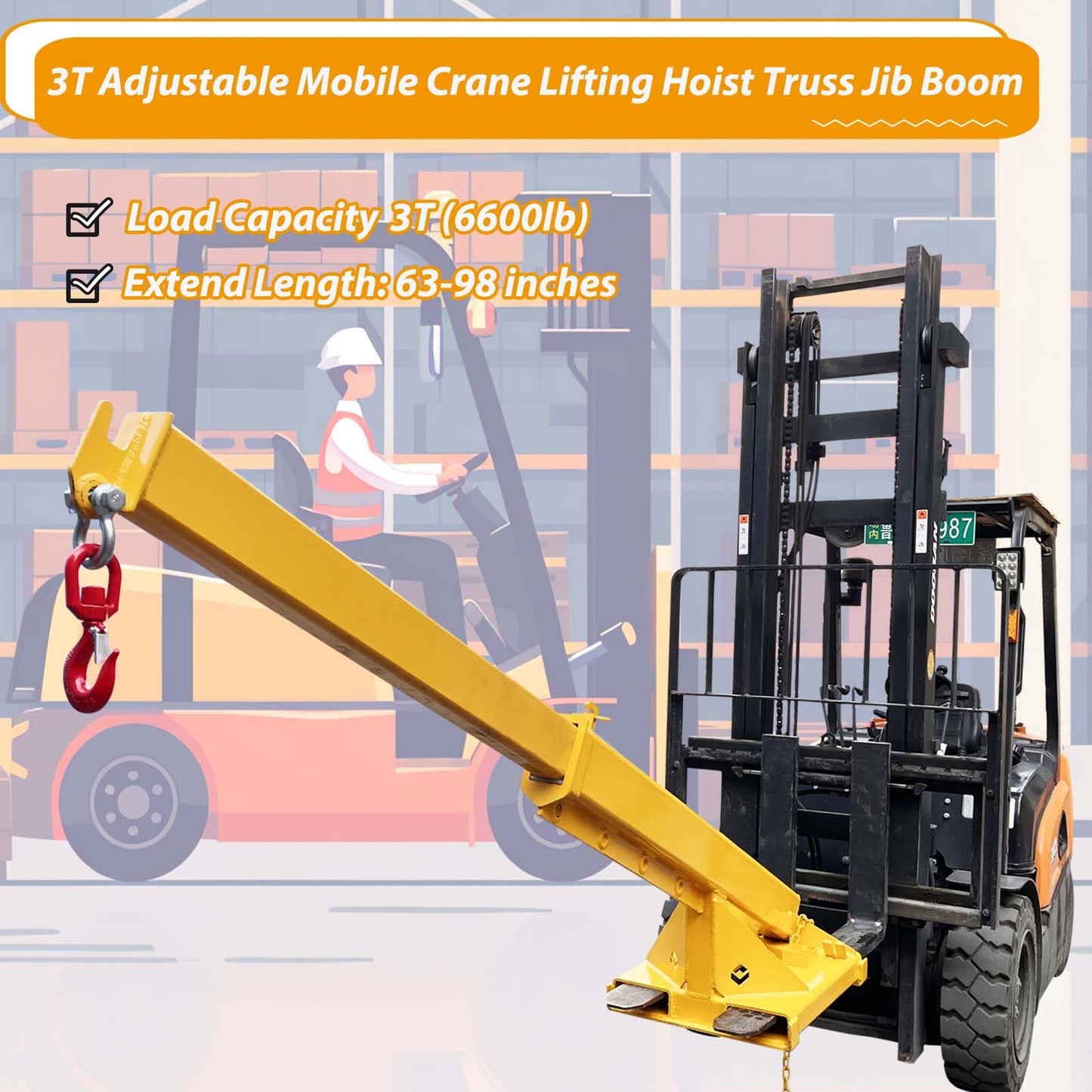 BREVELTION 6600LB Forklift Mobile Boom Crane, Telescopic Lifting Hook, Forklift Extension Attachments Jib Hoist Crane, with Telescopic Boom 63-98in, for Towing Material Handling