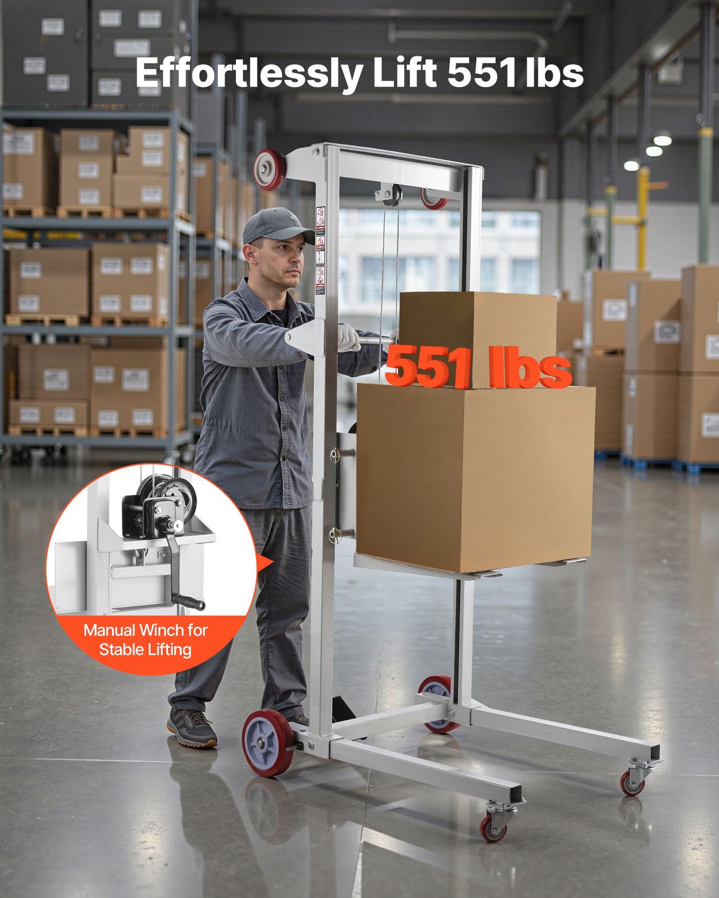VEVOR Material Lift Winch Stacker, 551 lbs Capacity, Heavy Duty Pallet Truck Dolly with Adjustable Forks & 6-Wheel System, 70 inch Max Lifting Height, Industrial Manual Pallet Truck Dolly